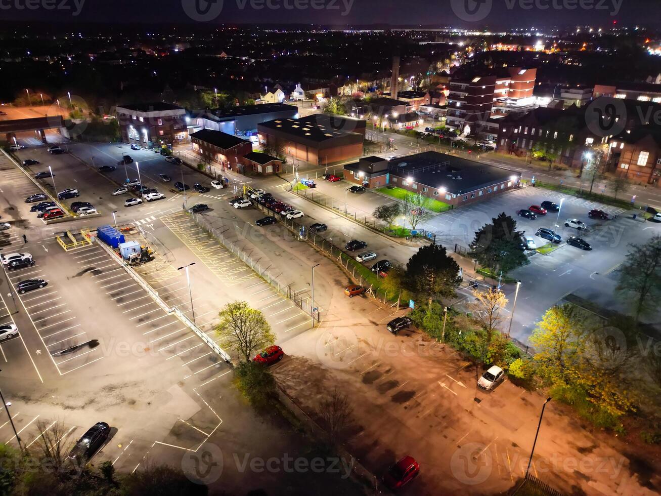 Illuminated Central Bedford City of England United Kingdom During Night. April 5th, 2024, High Angle Footage Was Captured after Sunset and Beginning of Night with Drone's Camera photo