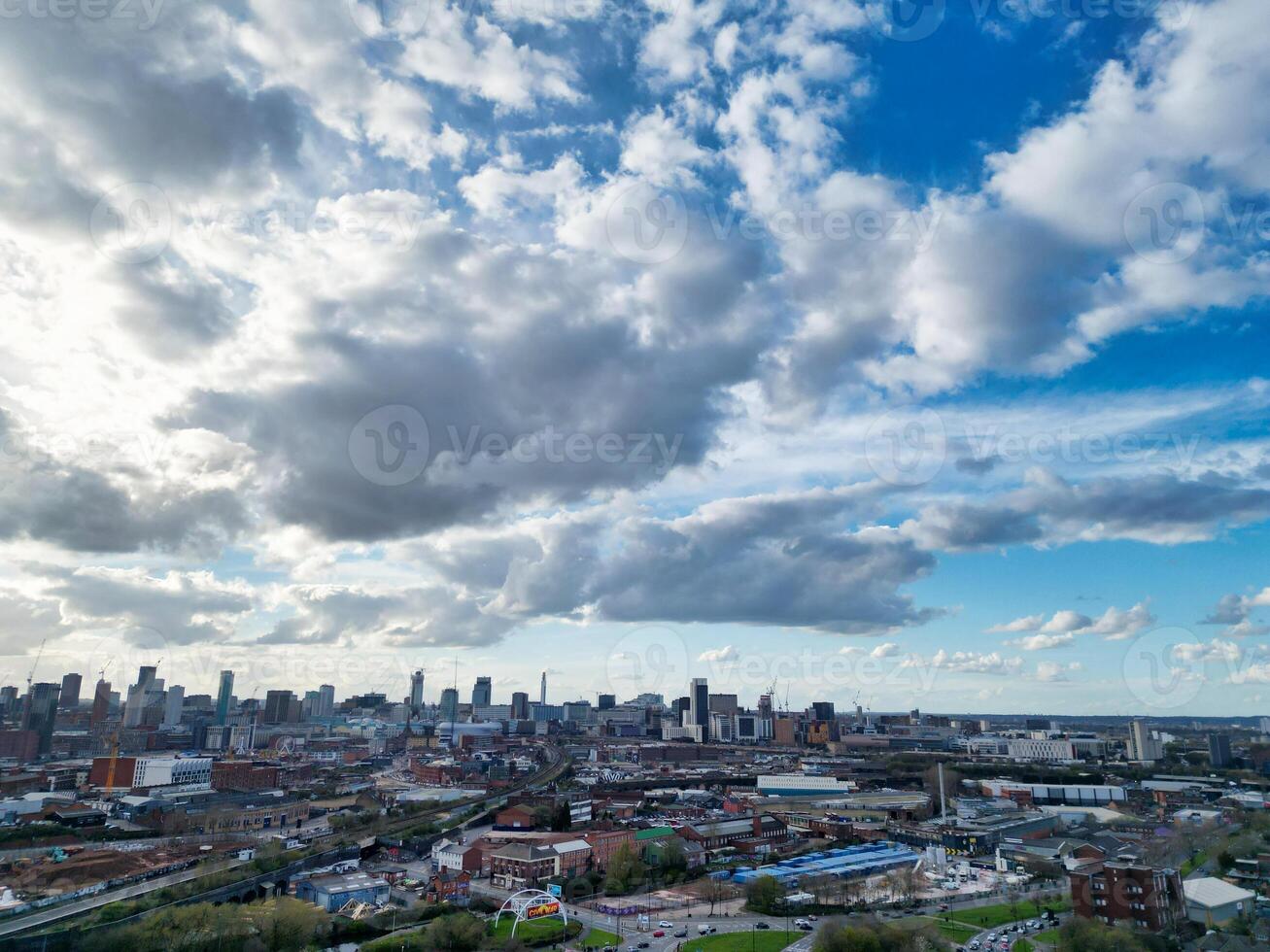 High Angle View of Birmingham City of England United Kingdom During Sunset. Aerial View of Was Captured with Drone's Camera on March 30th, 2024 photo