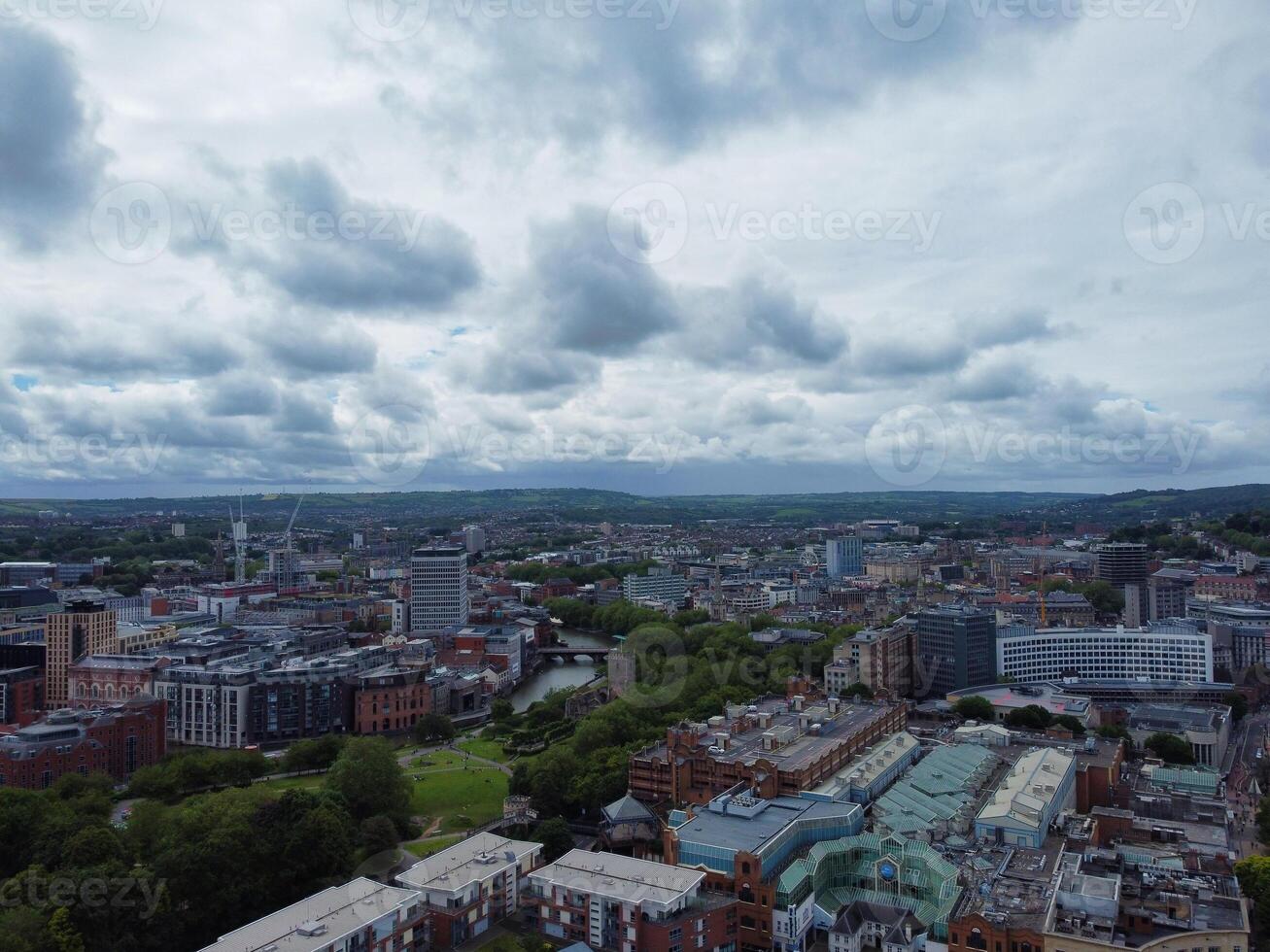High Angle View of Buildings at Central Bristol City of Southwest of England, United Kingdom. The High Angle Footage Was Captured with Drone's Camera from High Altitude on May 26th, 2024. photo