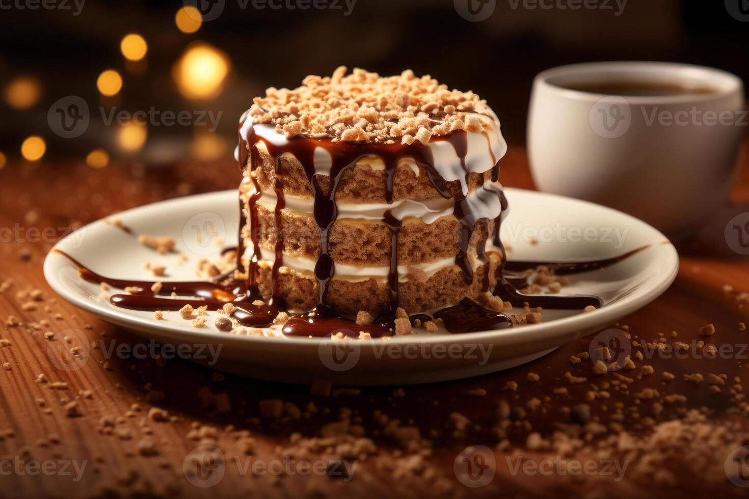 Close-up view on a coffee cup and biscuit cake with crumbs on the saucer on a wooden table. A drizzle of chocolate syrup on the biscuit cake. Shallow depth of field, selective focus photo