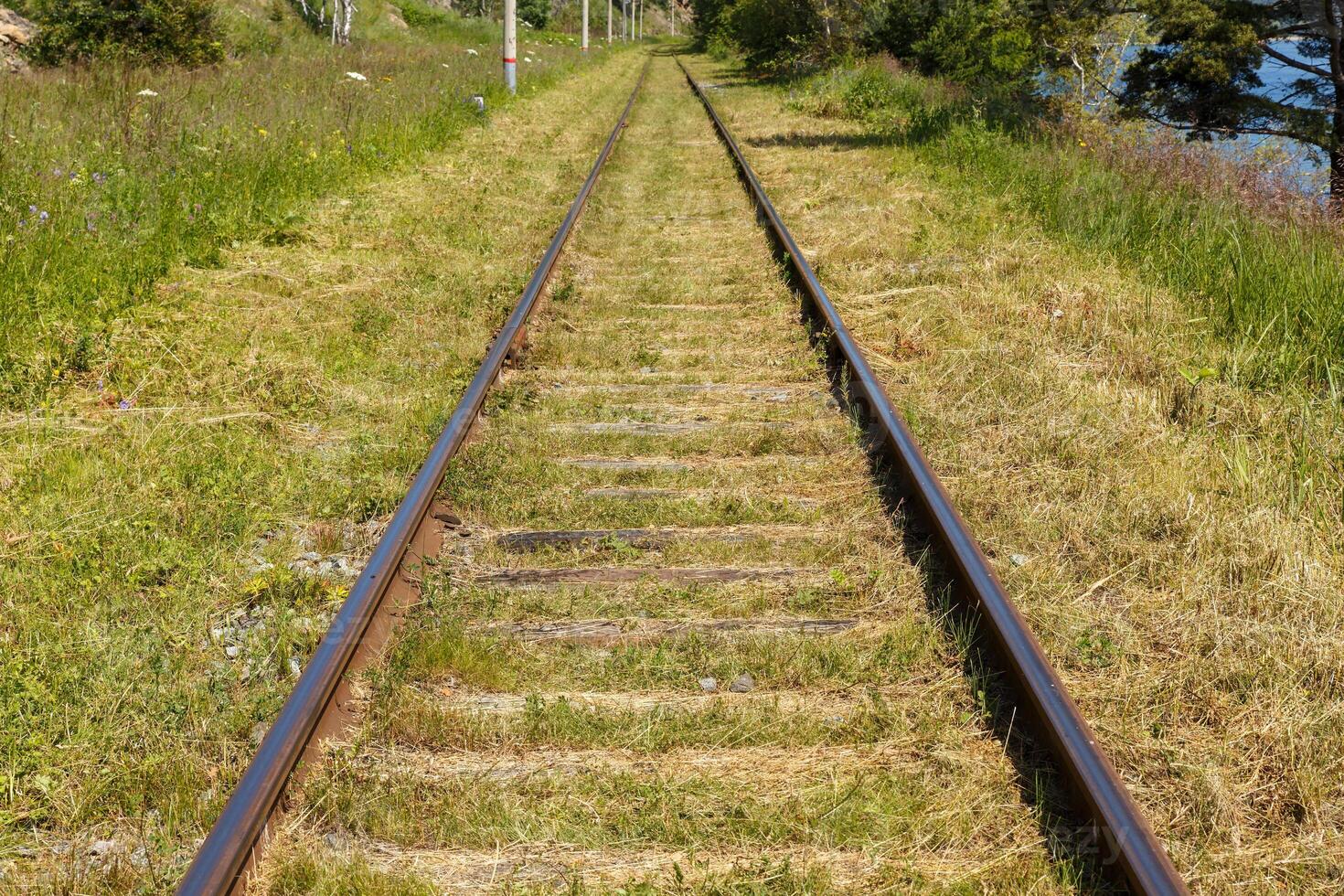 Circum-Baikal Railway, Russia. old railway with wooden sleepers. Mowed grass along the rails. photo