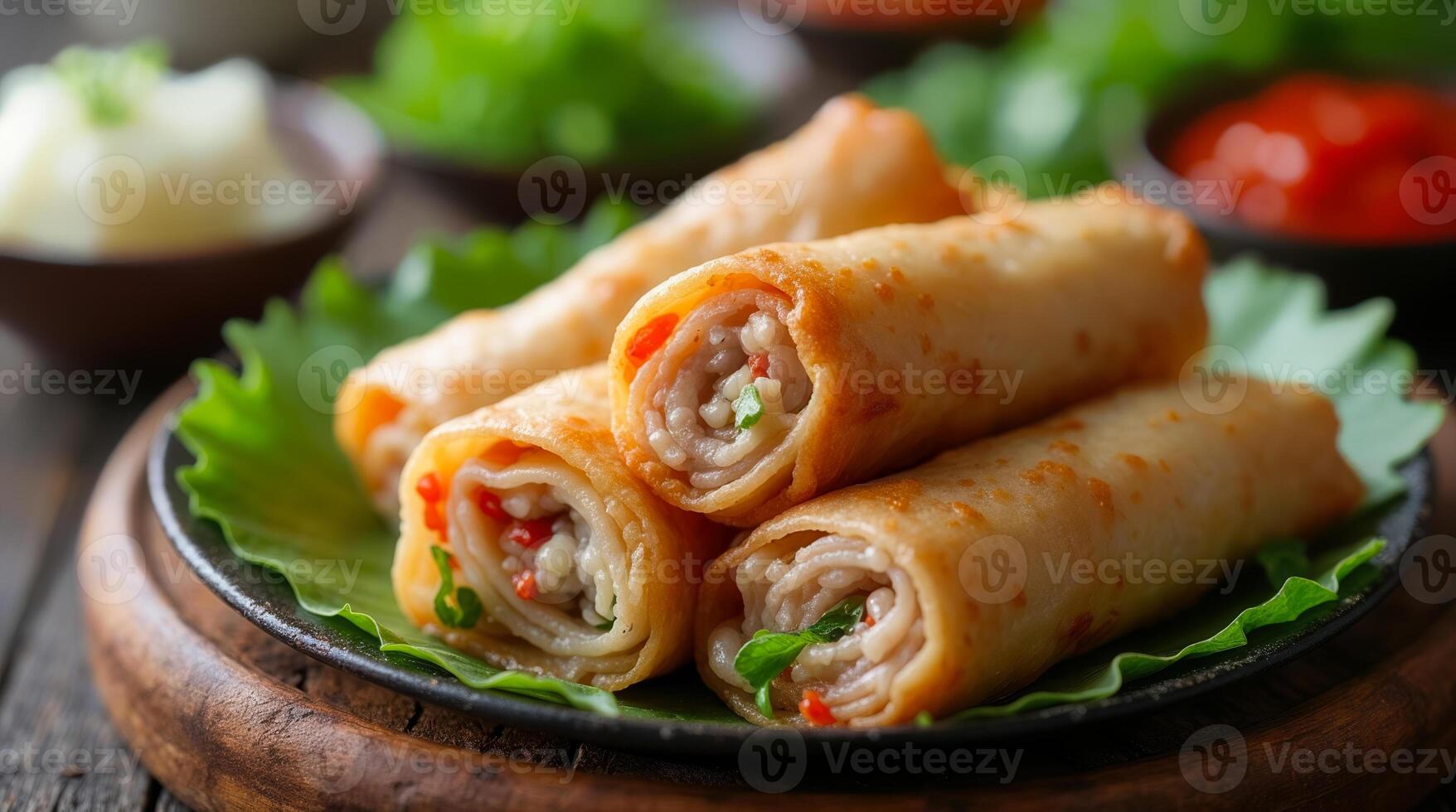 Delicious spring rolls presenting meat and vegetables on green leaf photo