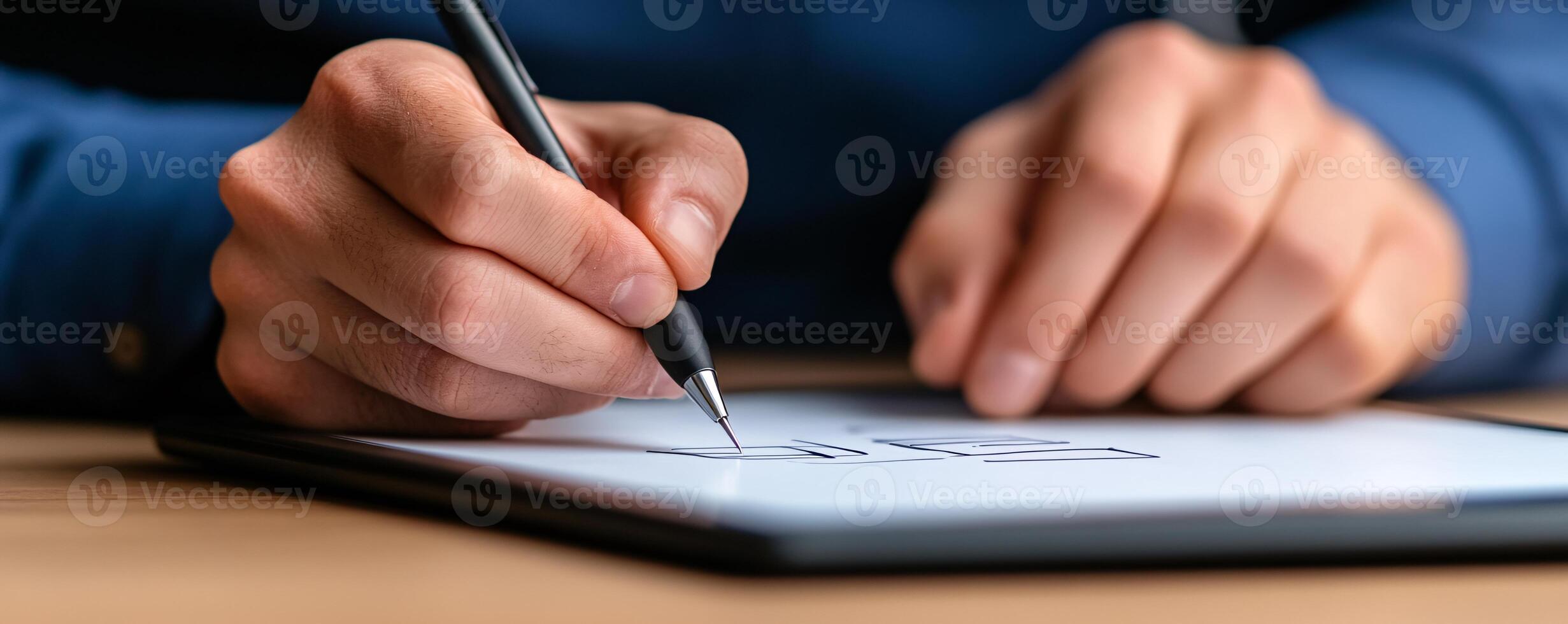 Close Up of Hand Drawing on Tablet with Pen Designer Sketching Creativity Business Project photo