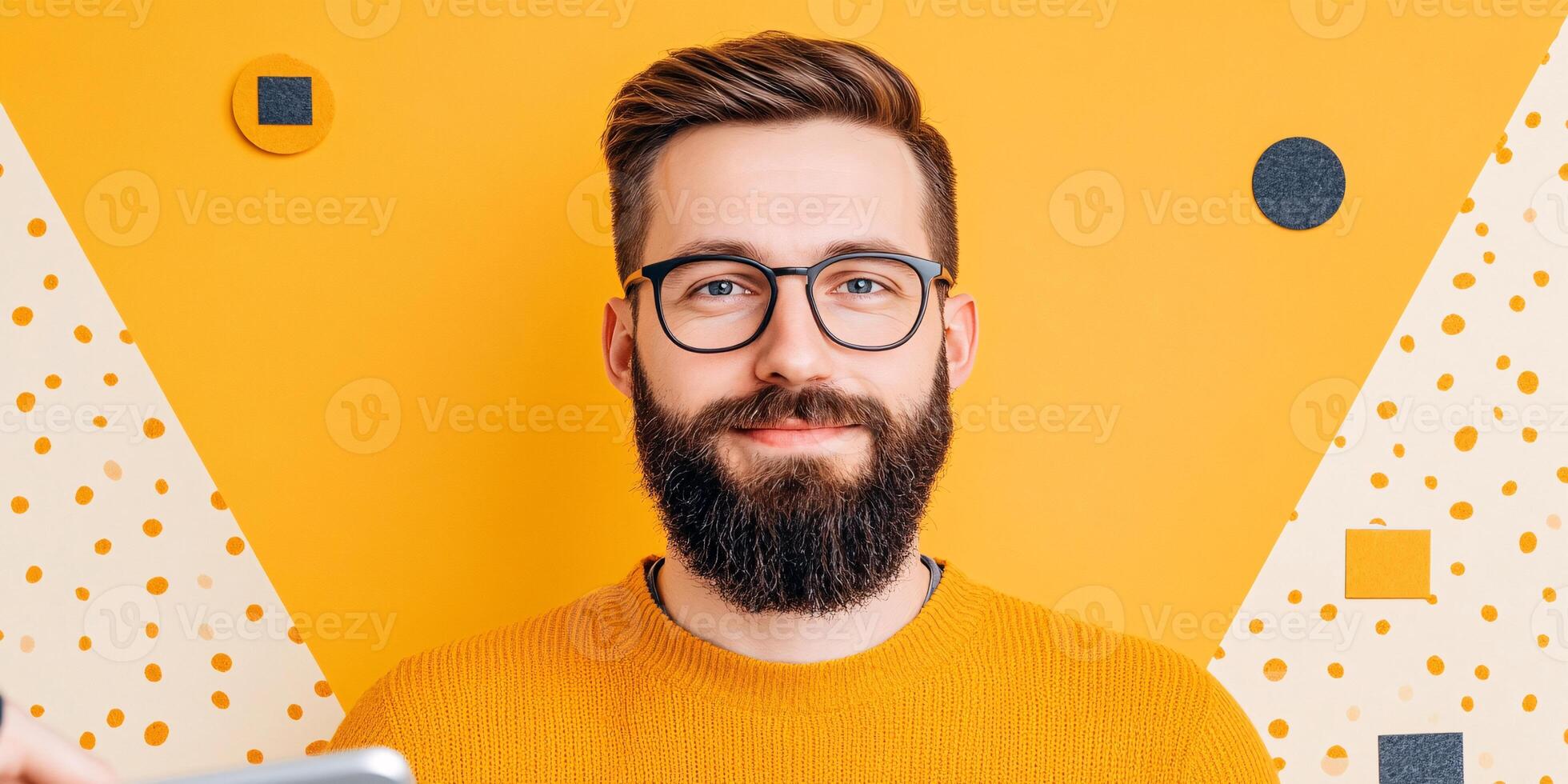 Smiling Bearded Man in Glasses Against Yellow Background with Geometric Shapes photo