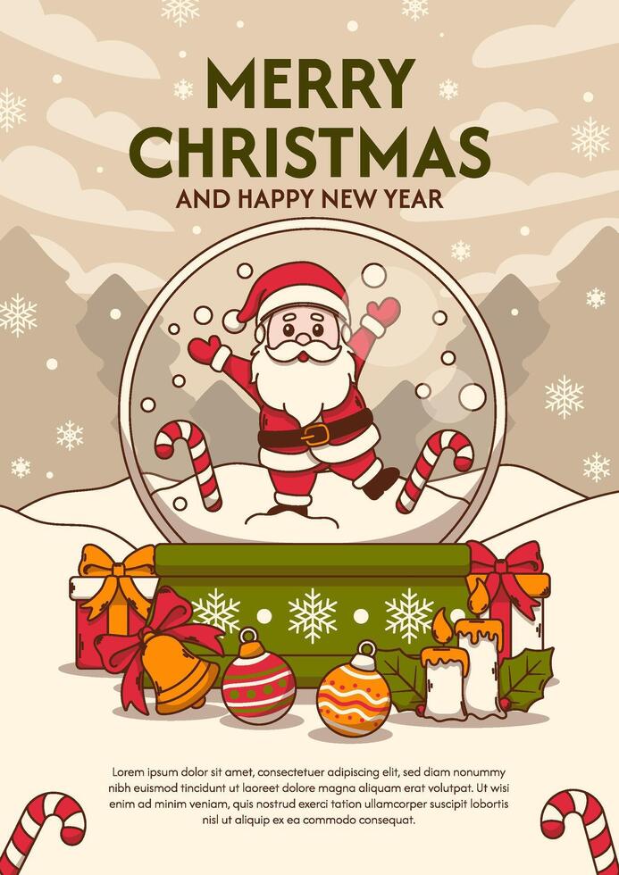 Merry Christmas background with Santa Claus in snow globe. vector