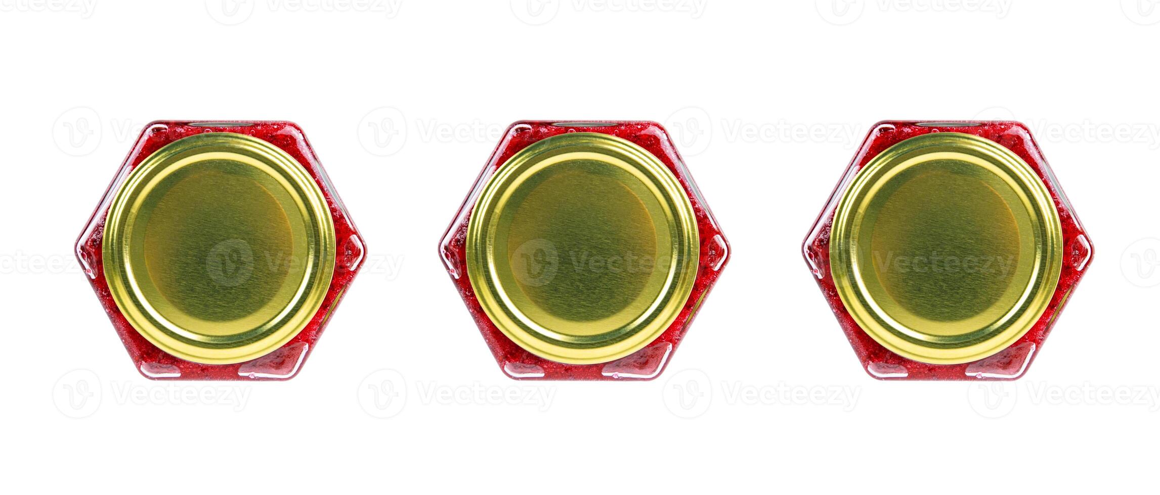 Three isolated hexagonal jars with golden cap containing red contents, perfect for product design, branding, or minimalist food packaging visuals. Top view. Copy space photo