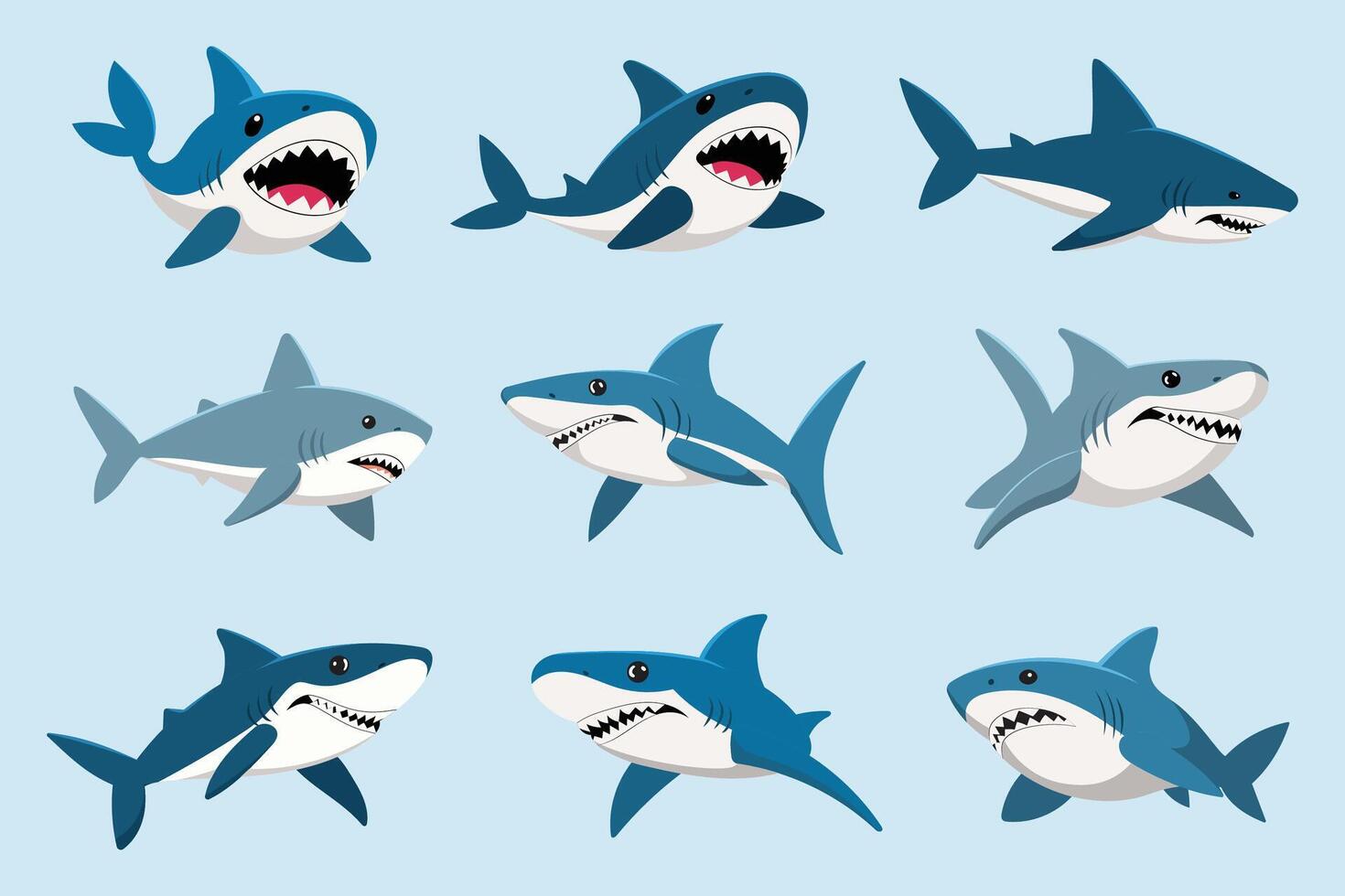 Sharks in different poses on a blue background vector
