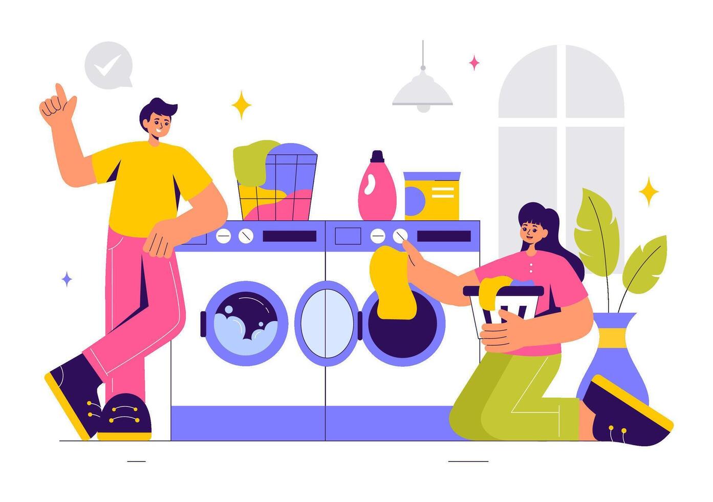 Flat Design of a Laundry Room with Washer, Dryer, and Dirty Clothes vector