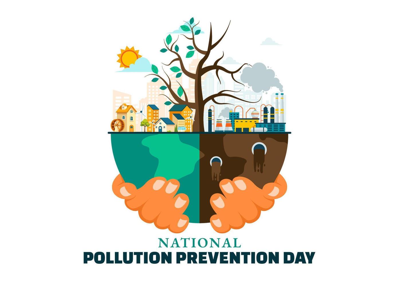 Pollution Prevention Awareness for December 2, with Factory, Forest, and Vehicle Environmental Issues vector