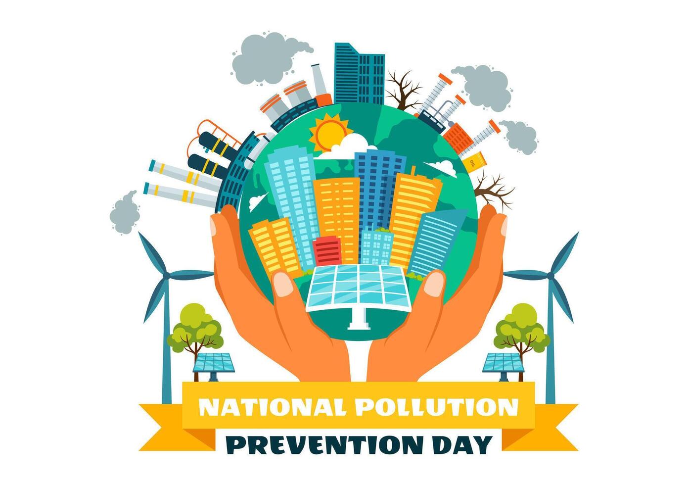 Cartoon for National Pollution Prevention Day on December 2, Focusing on Air, Water, and Land Pollution vector