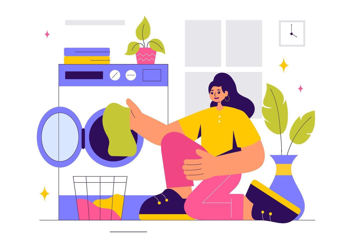 Laundry Room Illustration with Washing Machines and Dirty Clothes in a Basket vector