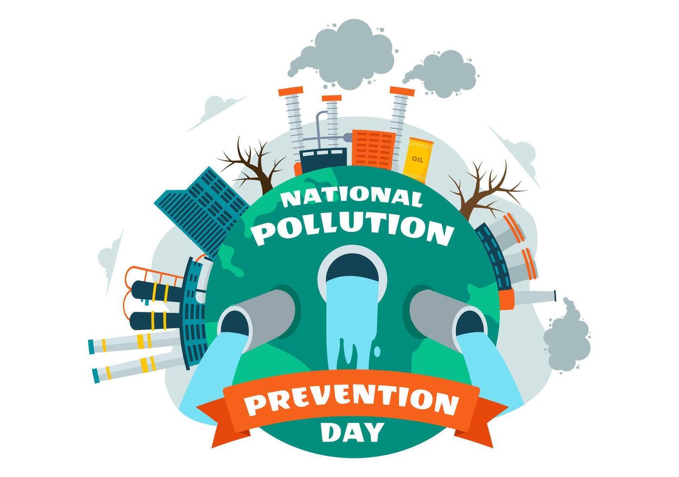 Illustration for National Pollution Prevention Day on December 2, Featuring Factory Emissions, Deforestation, and Vehicle Exhaust vector