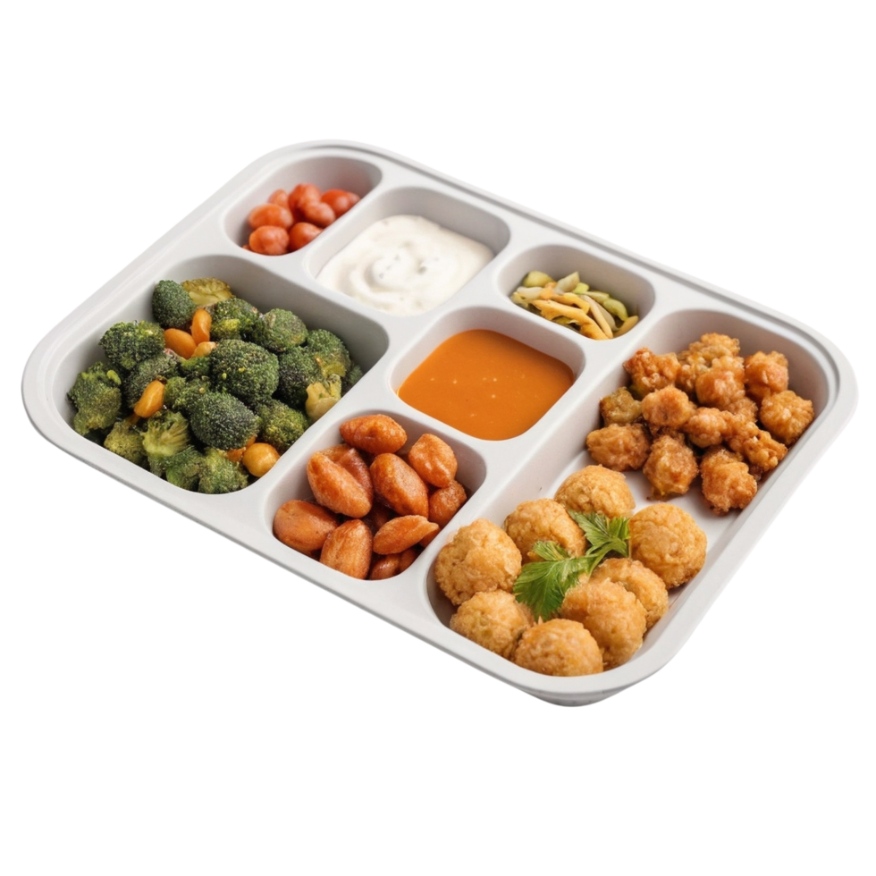 A food tray with different dishes and sauces png