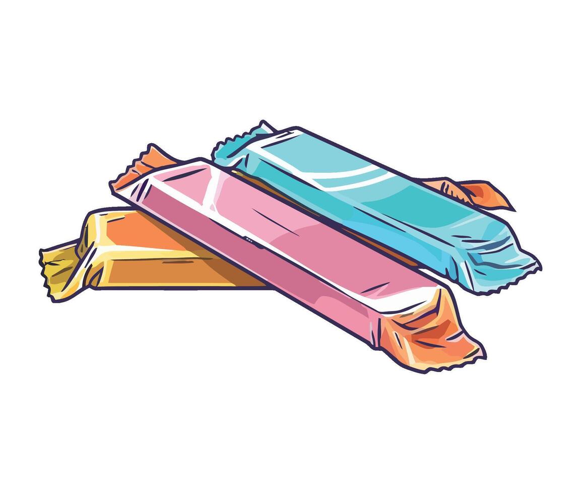 three sweet candies with packs colors isolated vector