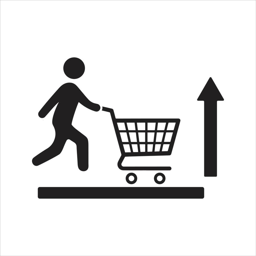 Customer pushing empty shopping cart. Food inflation icon vector