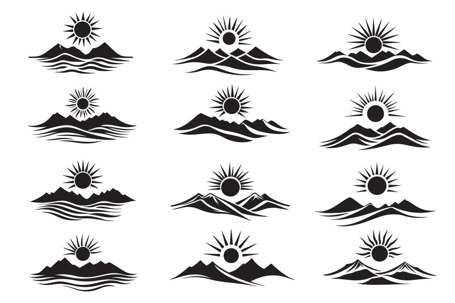 Set of sun above mountain range, Mountain scenery illustration vector