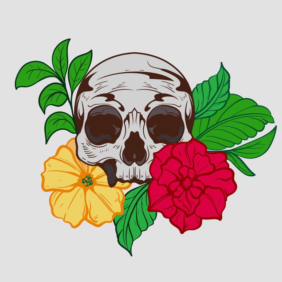 skeleton head skull and flower leaf hand drawn line woodcut engraving style element for tattoos and apparel design vector