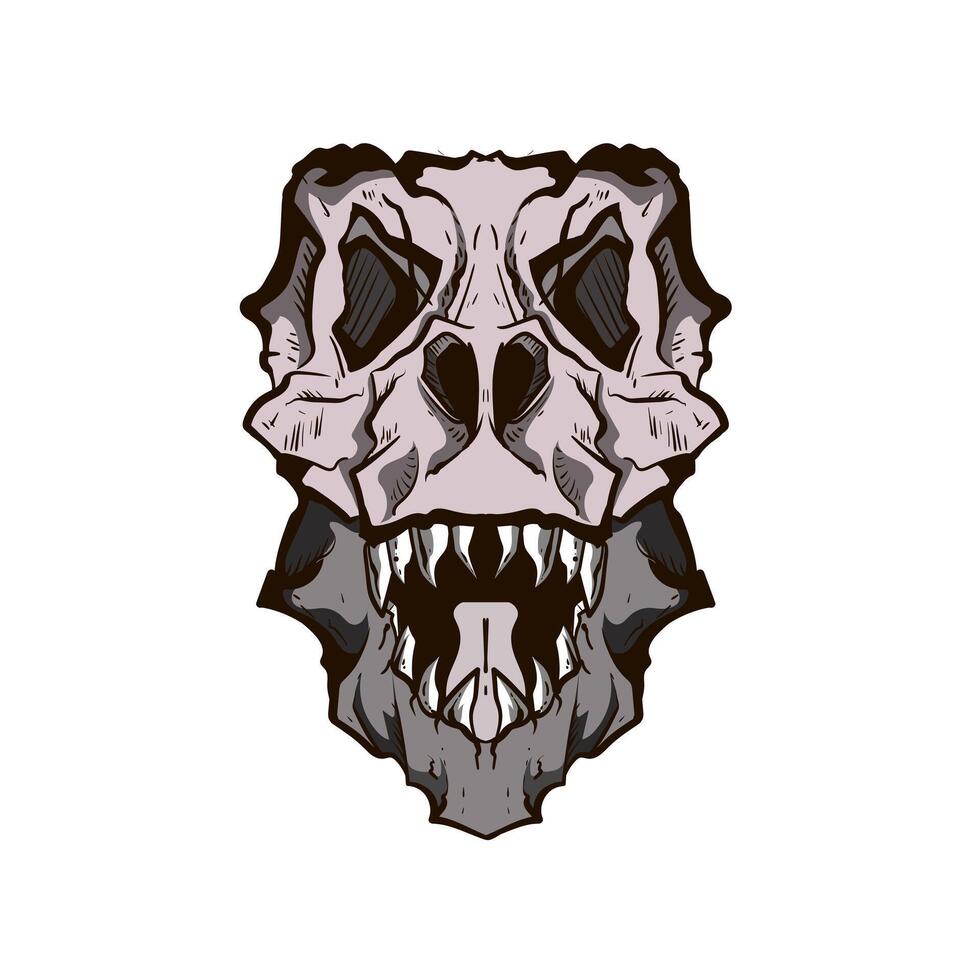 dinosaurs skeleton head skull stylized as engraving. face view. hand drawn woodcut engraving illustration of dinosaur with a bone vector