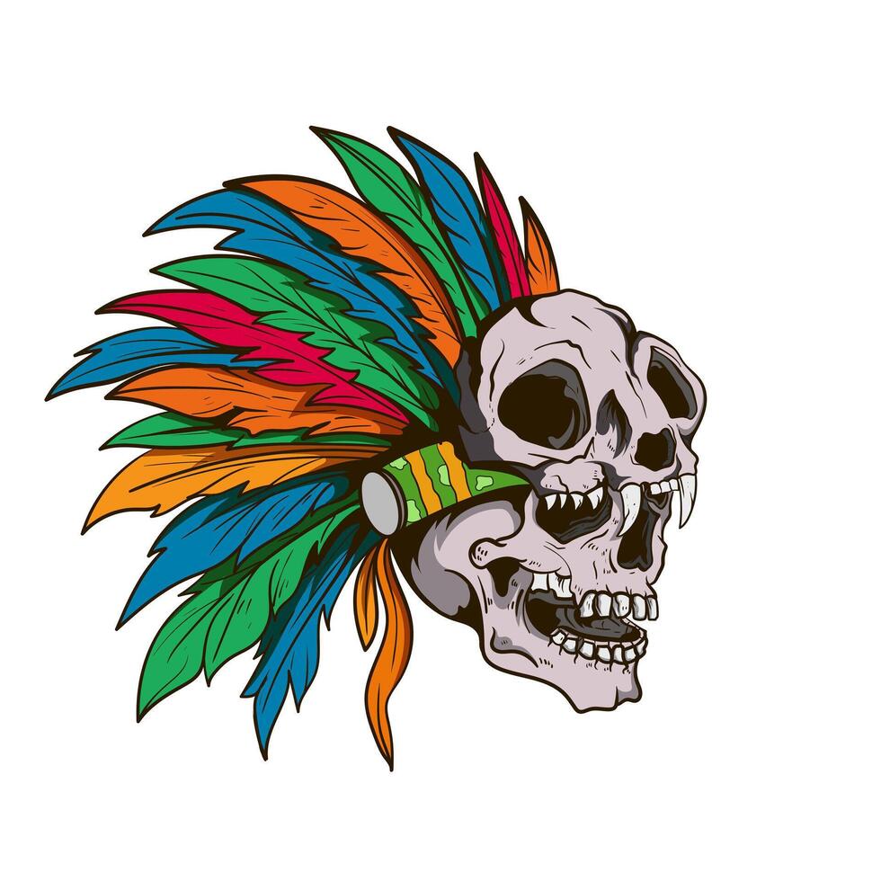 Skull head aborogin apache native american indian face with feather hat traditional ethnic culture. Illustration Of Indian Tribal Chief Feather Hat And Skull, war bonnet, watercolor, boho vector