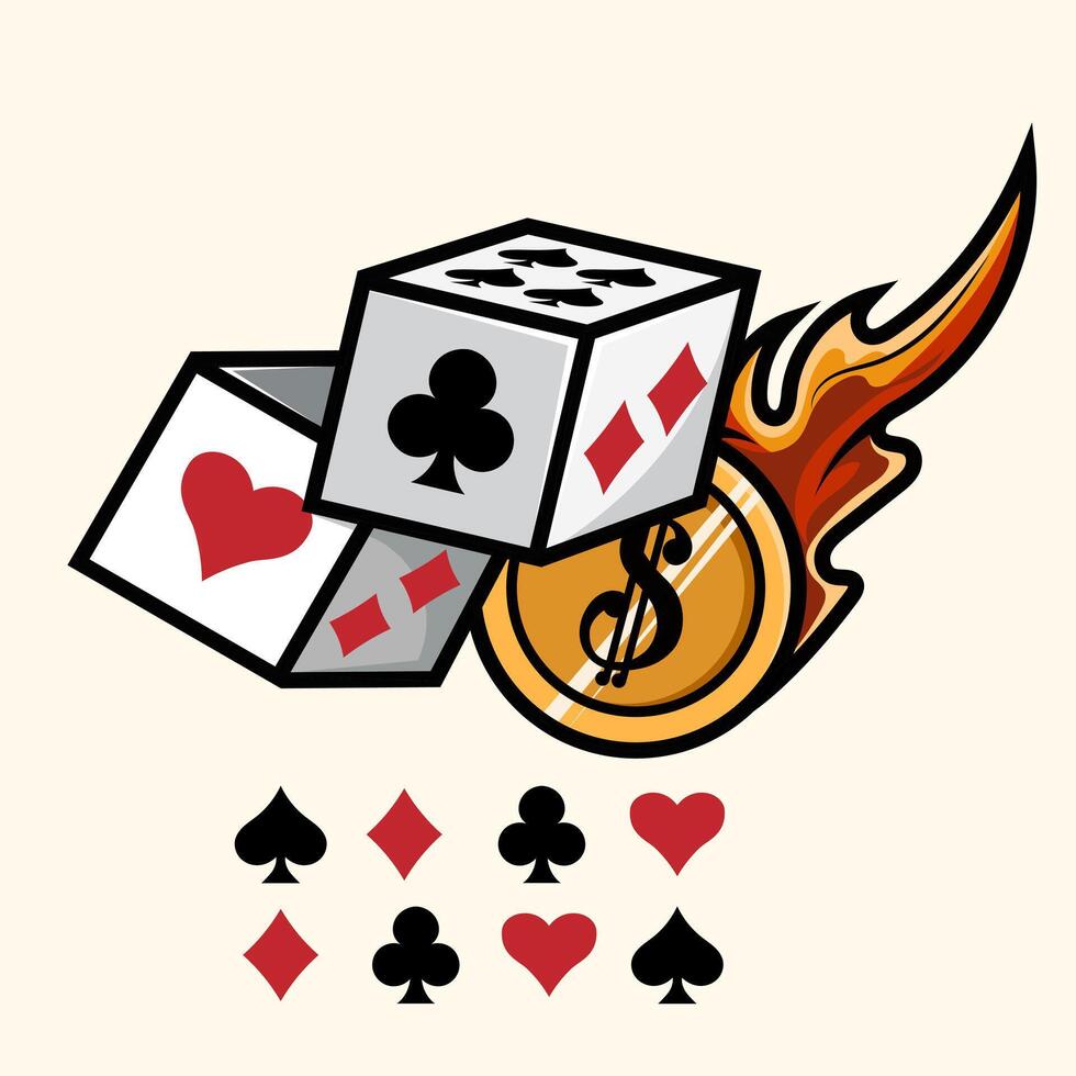Two Dice and coin chip burning fire with icon love, spade, diamond and club card for element design gambling vector