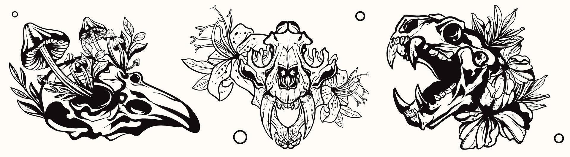 Skull Skeleton Black set-01Line art Black and white set of skeleton and skull animal beast woodcut engraving style element for tattoos and apparel design vector