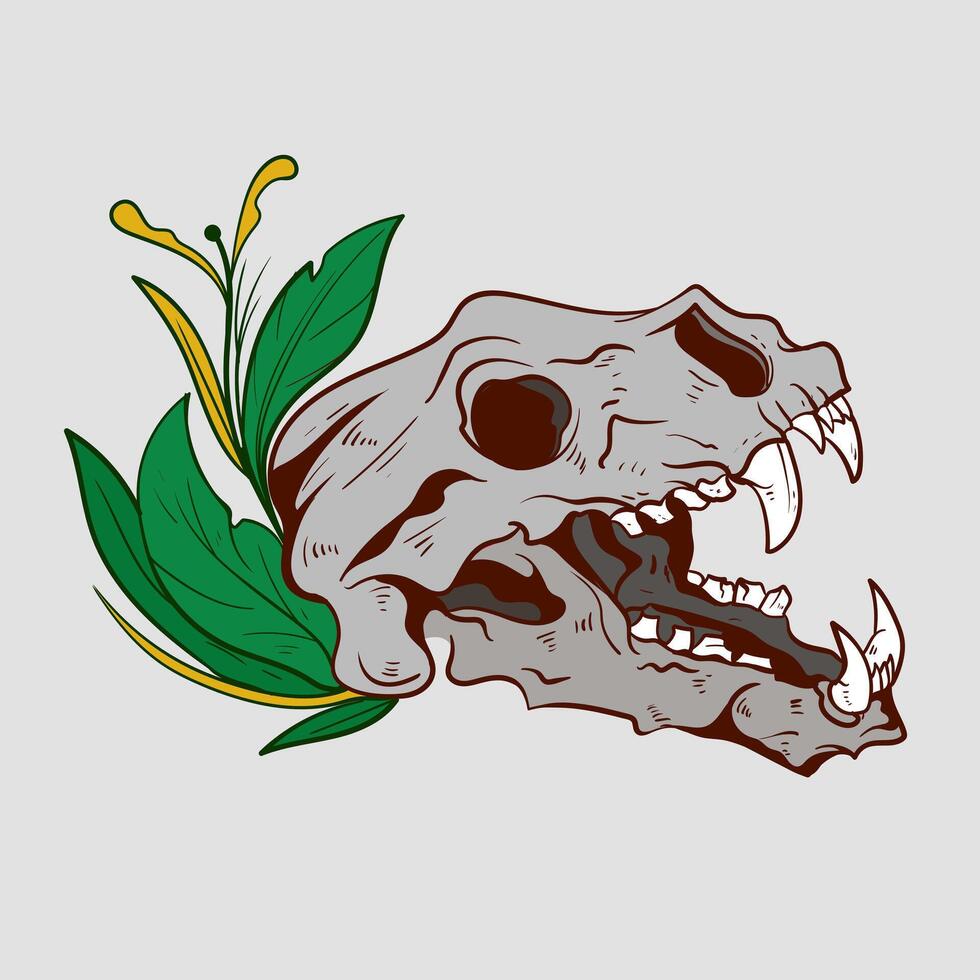 Skeleton Head Skull animal Beast Tyrannosaurus Rex Dinosaur and leaves plant floral woodcut engraving style element for tattoos and apparel design vector