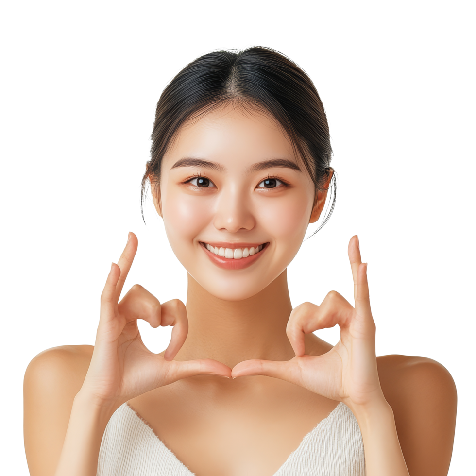 A joyful Asian woman forms a heart shape with her hands against a clear background, Beauty Asian woman making heart shape hand sign isolated transparent background png