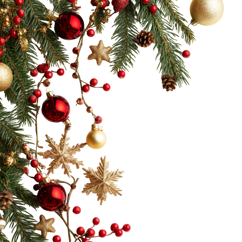 Elegant Christmas decorations featuring red and gold ornaments with pine branches arranged on a clean transparent surface, christmas decoration on transparent background png