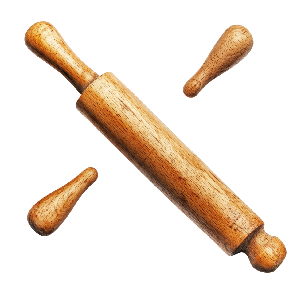 Classic wooden rolling pin with two small wooden tools on a clean transparent background for baking enthusiasts, Wooden rolling pin isolated on transparent background png