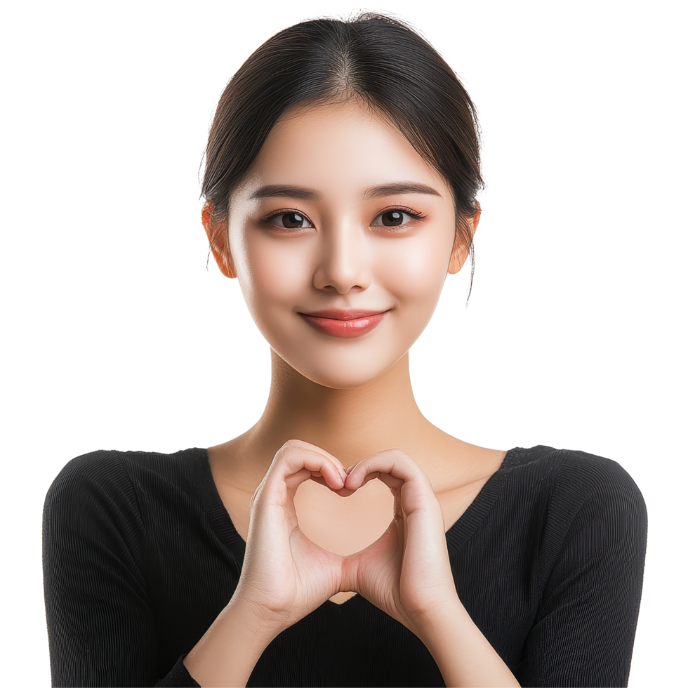 Asian woman creating a heart shape with her hands against a bright background, Beauty Asian woman making heart shape hand sign isolated transparent background png