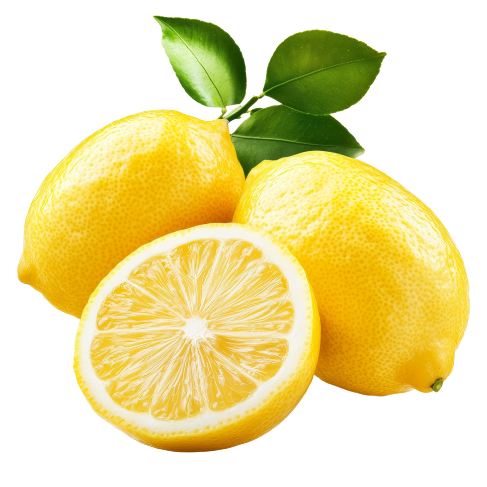 Fresh lemons with vibrant yellow skin and a cut piece surrounded by green leaves on a bright transparent background, lemons isolated on transparent background png