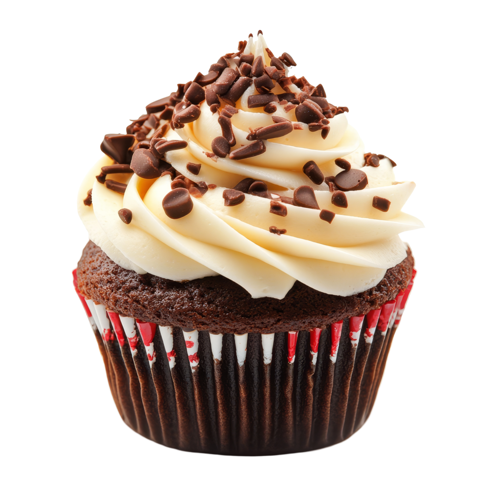 Delicious chocolate cupcake topped with creamy frosting and chocolate sprinkles on a transparent background, Delicious Cupcake isolated on transparent background for Design Use png