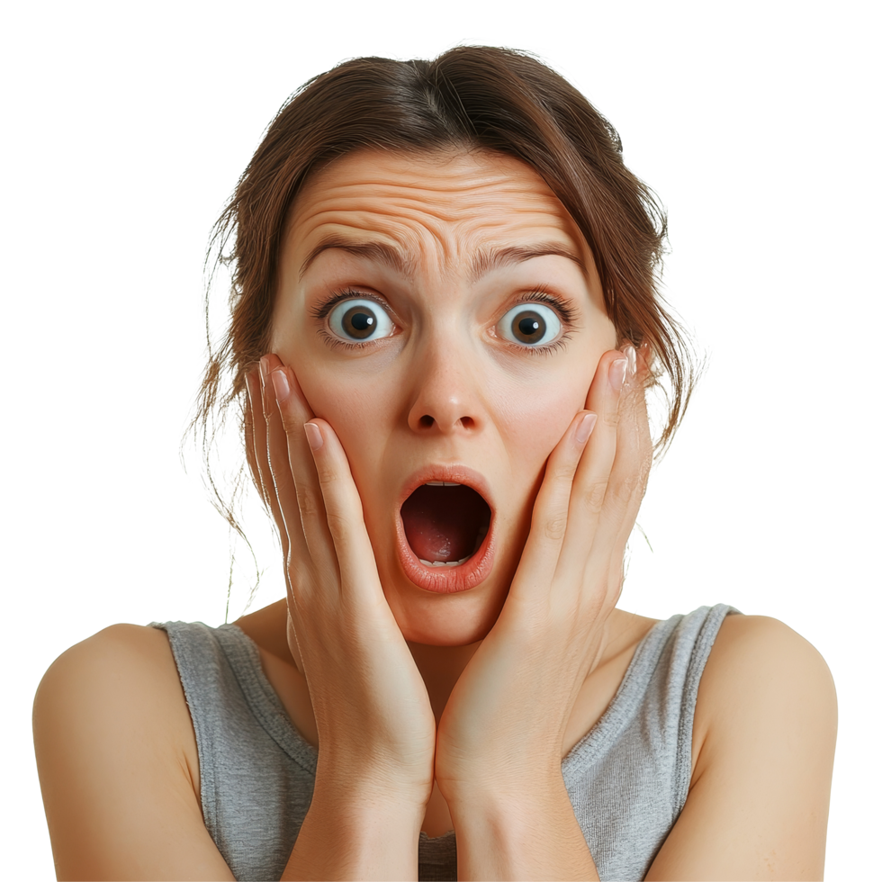 A shocked woman expressing surprise and fear in a close-up shot against a transparent background, shocked woman surprised and scared, file of isolated object on transparent background png