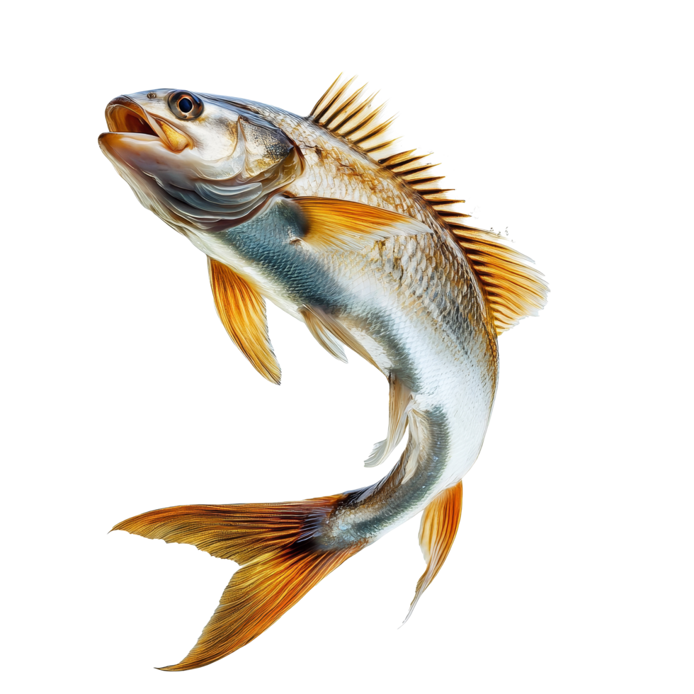 Dynamic fish leaps gracefully towards the surface, creating splash bubbles against a transparent background, Dynamic Real Fish Leap isolated on transparent background Image png