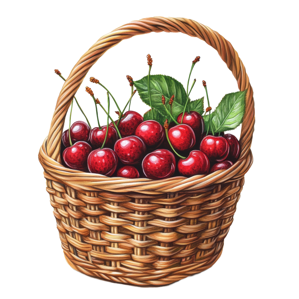 Fresh cherries in a woven basket against a clean transparent background, Basket Full of Cherries on transparent background png