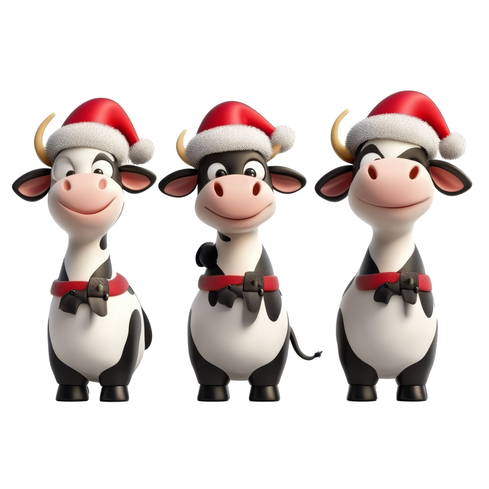 Charming cartoon cows wearing Santa hats against a transparent background during festive season, 3D Cartoon Cow Set in Santa Hats on transparent background png