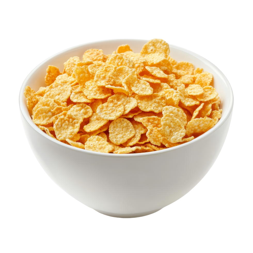 Close-up of corn flakes in a transparent bowl on a bright background, showcasing a clean and simple breakfast cereal composition, Corn Flakes in transparent bowl isolated on transparent background png