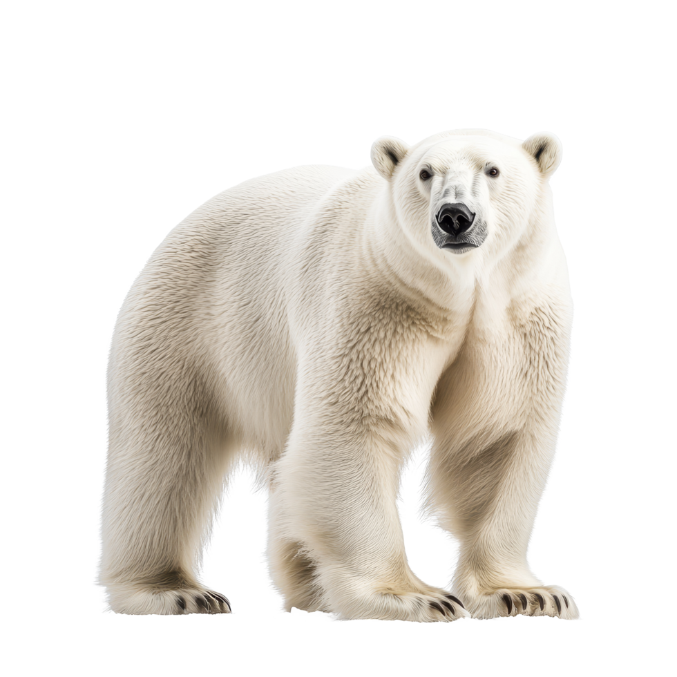 A majestic polar bear stands confidently against a pure transparent background, showcasing its striking transparent fur and profile, Polar bear isolated on transparent background png