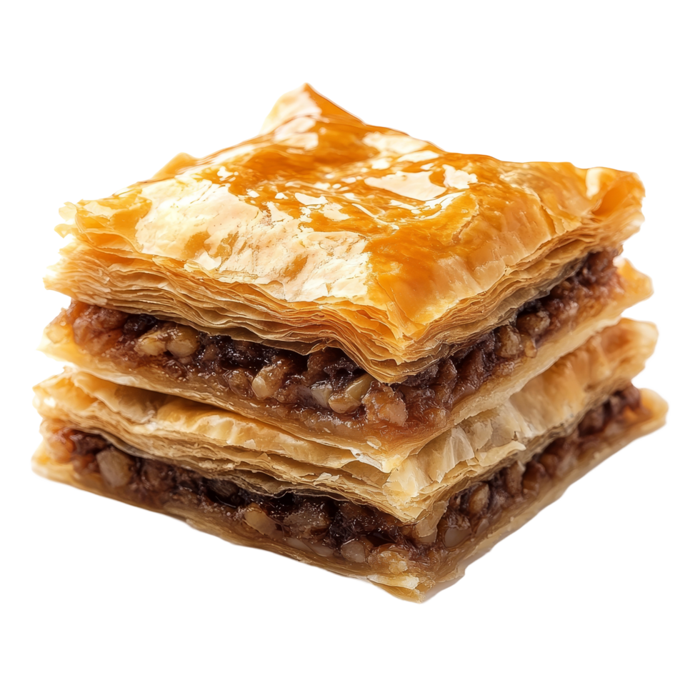 Delicious layers of baklava dessert stacked on a clean transparent background showcasing its texture, Baklava isolated on transparent background png