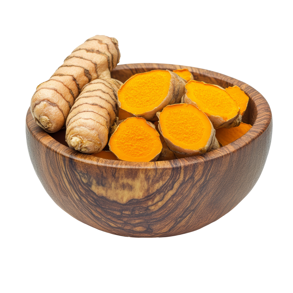 Fresh turmeric root and dried turmeric slices in a wooden bowl on a transparent background highlighting their vibrant color, turmeric root and dry tumeric in wood bowl on transparent background png