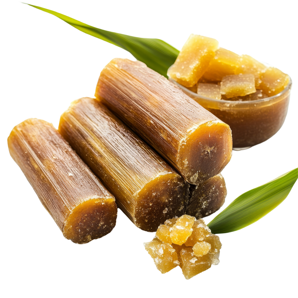 Natural jaggery and sugarcane molasses displayed on a transparent background for culinary use, Sugarcane Hard Molasses or Jaggery on transparent background png