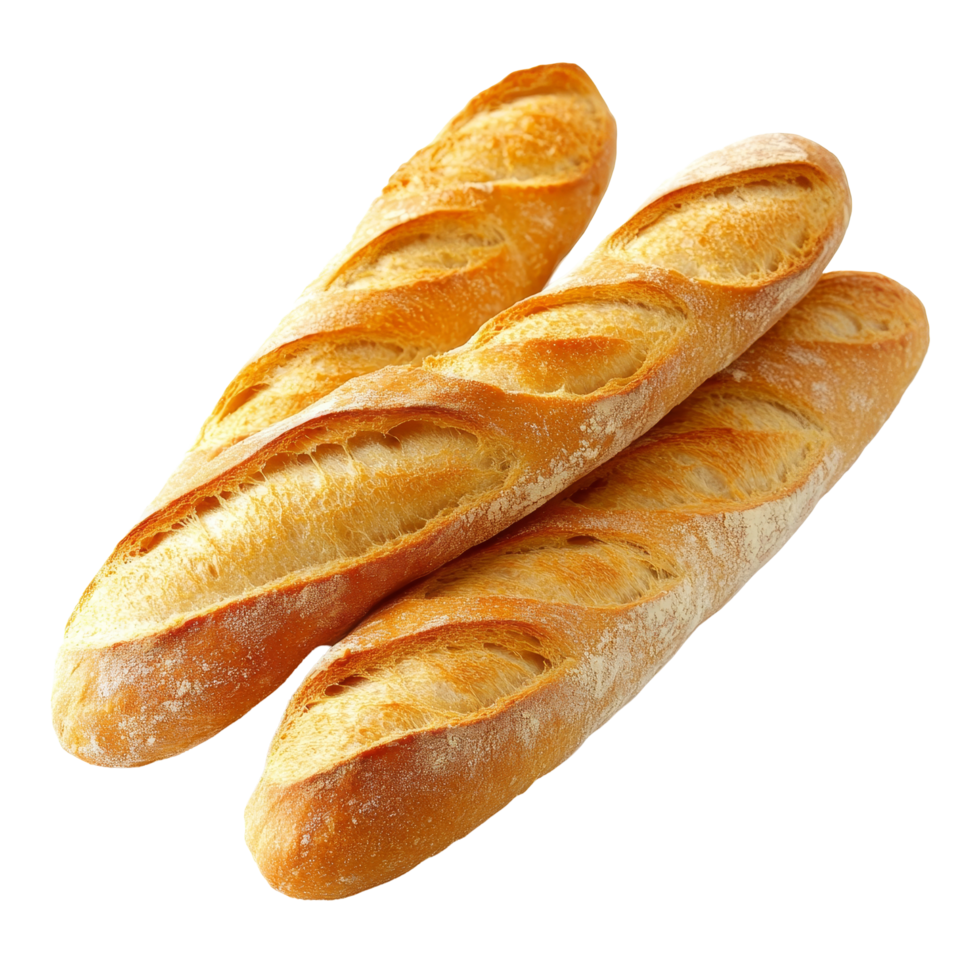 Three freshly baked baguettes isolated on a transparent background highlighting their golden crust, Baguette isolated png