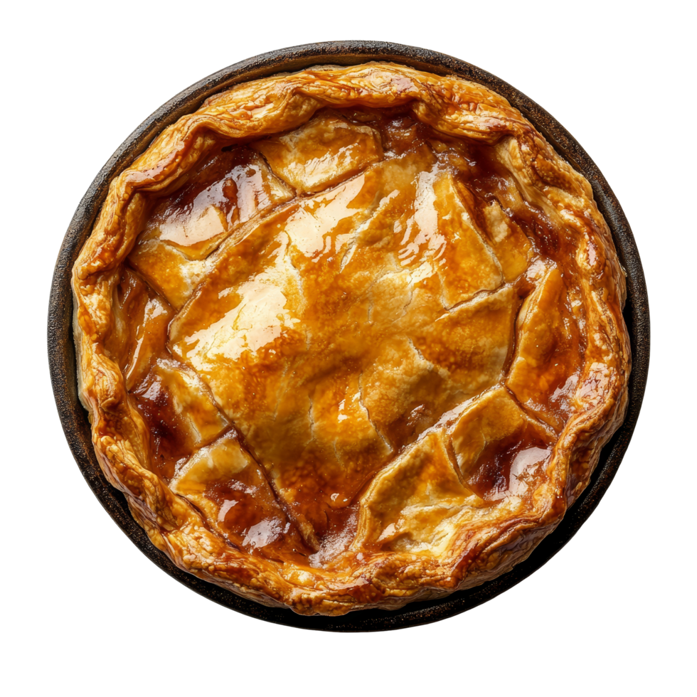 Delicious meat pie presented in a round dish viewed from above against a clean transparent backdrop, meat pie dish top view isolated on transparent background png