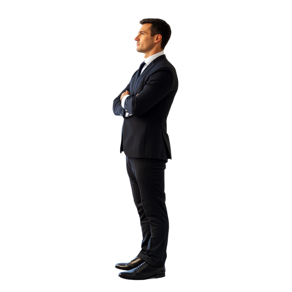 Corporate businessman in a side view stance wearing a suit, arms crossed, posing confidently against a blank background, Corporate businessman standing side view file no background png