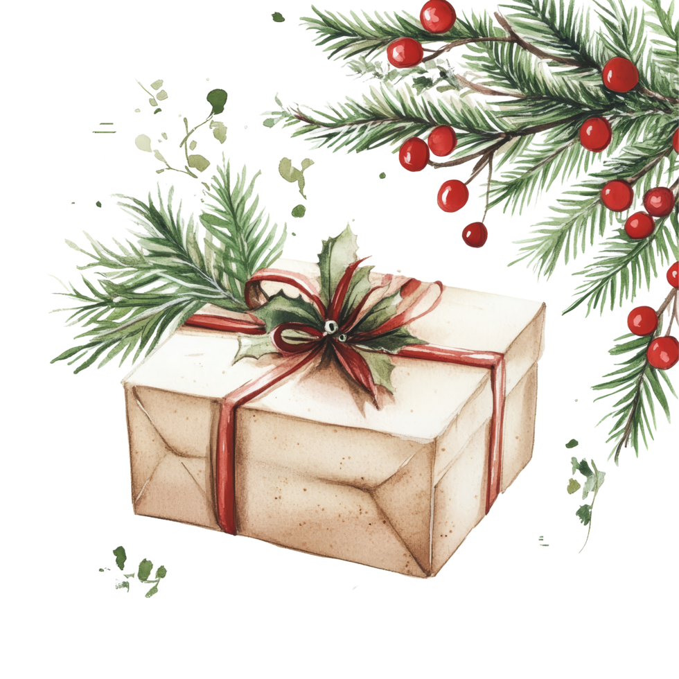 A beautifully wrapped Christmas gift surrounded by festive greenery and berries on a transparent background, Merry Christmas Gift On transparent background png