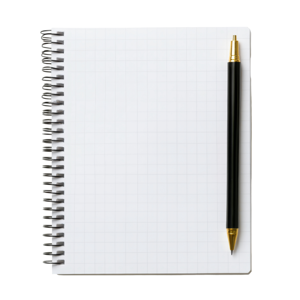 Blank squared notepad sheets with a black pen on a bright transparent surface for creative writing, blank squared paper sheets or notepad pages on transparent backgroundfile png