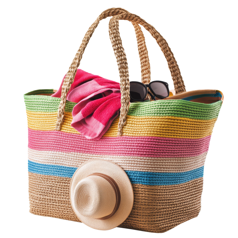 Stylish beach bag with accessories perfect for summer days at the coast, file no background Stylish beach bag with accessories png