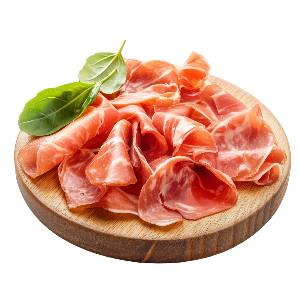 Prosciutto slices artfully arranged on a wooden plate with fresh basil leaves on a transparent background, Prosciutto on wooden plate isolated on transparent background png