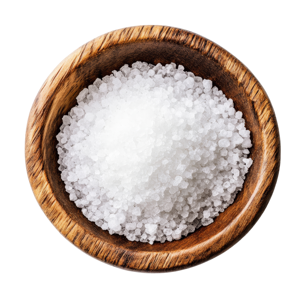A close-up view of coarse salt in a rustic wood bowl on a clean transparent background during daylight, salt in wood bowl on transparent background png