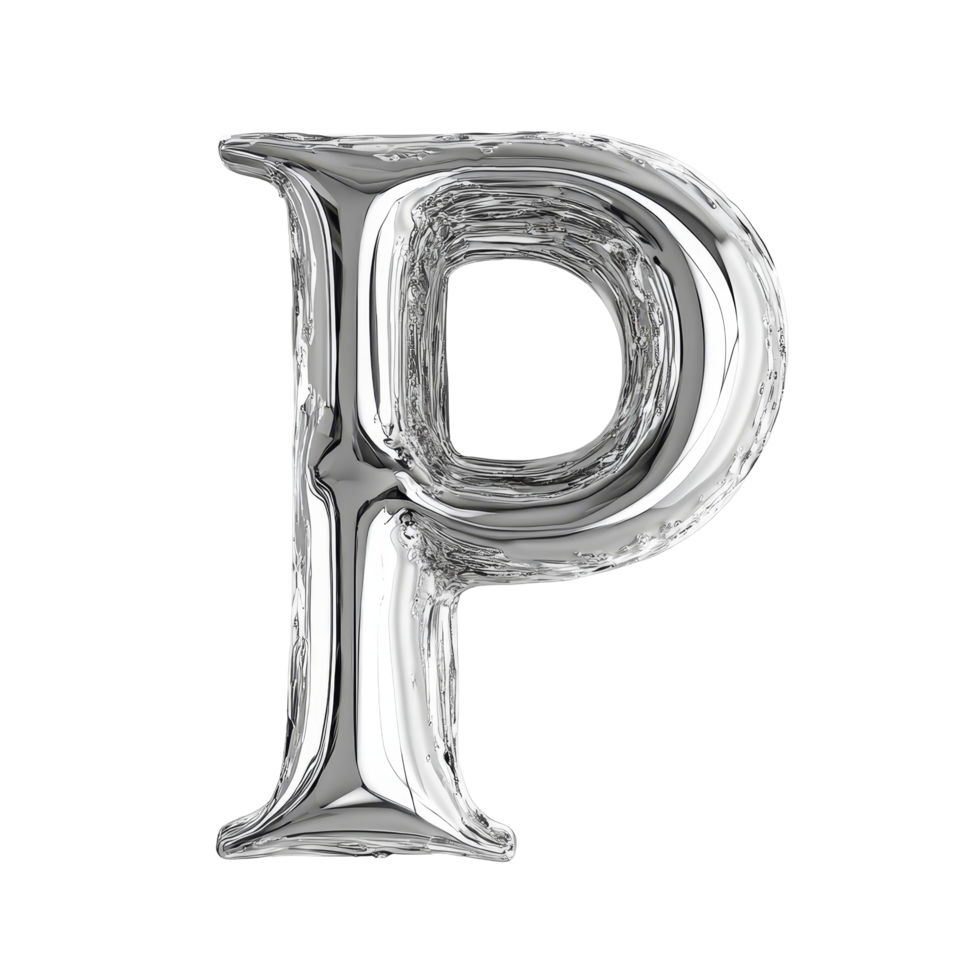 A shiny chrome letter P on a smooth transparent surface, symbolizing creativity and expression in various written forms, consonant letter b is used to make words on transparent backgroundfile png